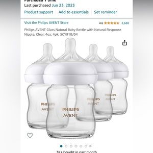 4 brand new Avent glass 4oz bottles with multiple nipple stages